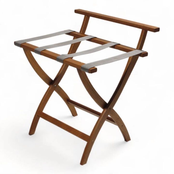High Back Solid Wood Folding Luggage Rack with Straps