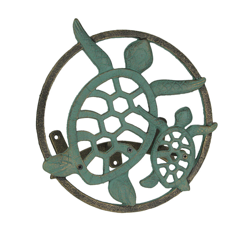 Verdigris Bronze Finish Cast Iron Sea Turtle Wall Mounted Garden Hose Holder image number 0