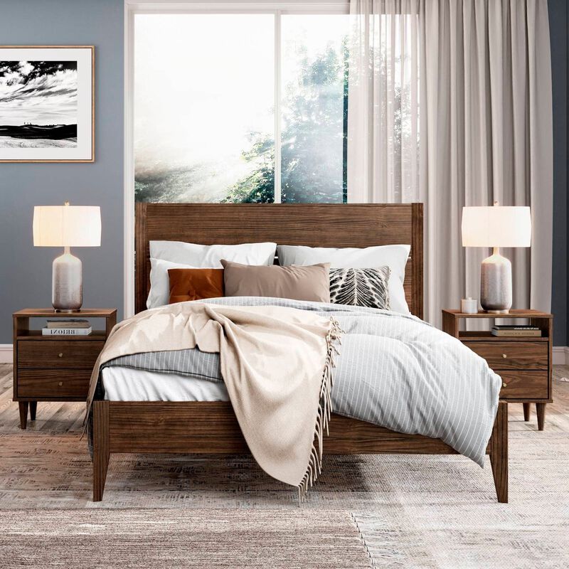 Hivvago King Size Rustic Walnut Mid Century Slatted Platform Bed