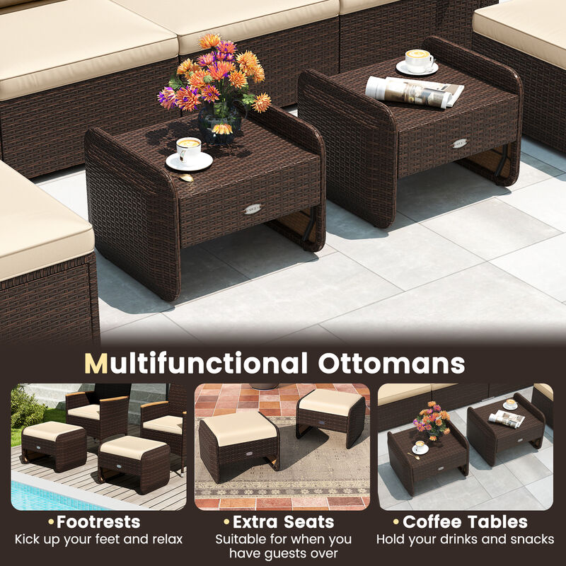 Wicker Ottoman Set of 2 for Outdoor Use with Removable Cushions