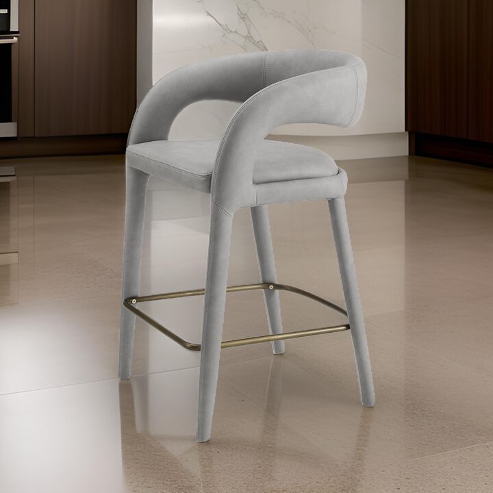 Cid Taya 26 Inch Counter Stool Chair, Tapered Legs, Gray Faux Leather - Benzara