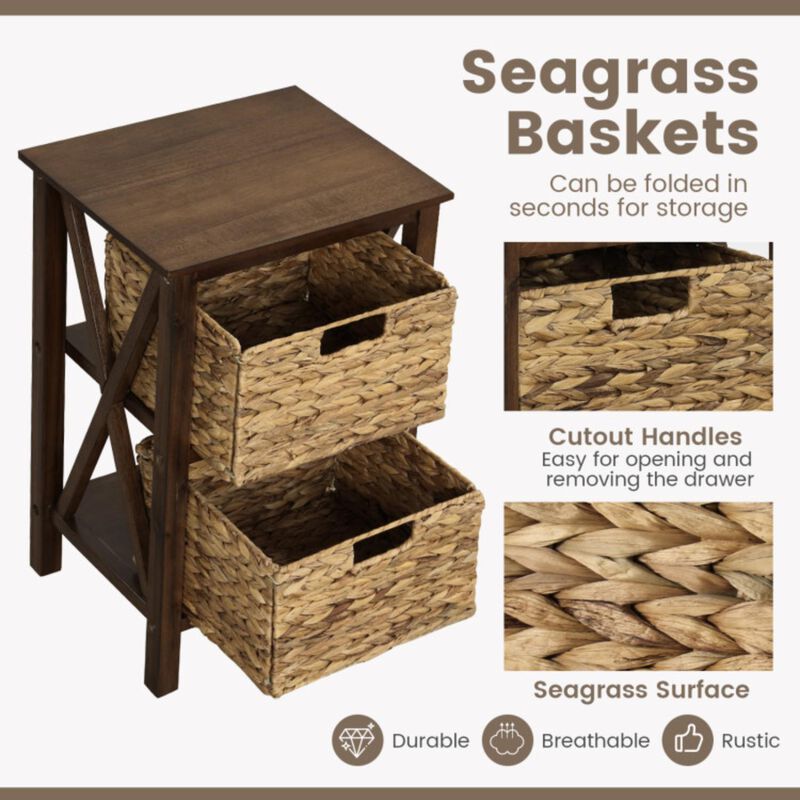Hivvago Nightstand with Seagrass Baskets Narrow X-Design
