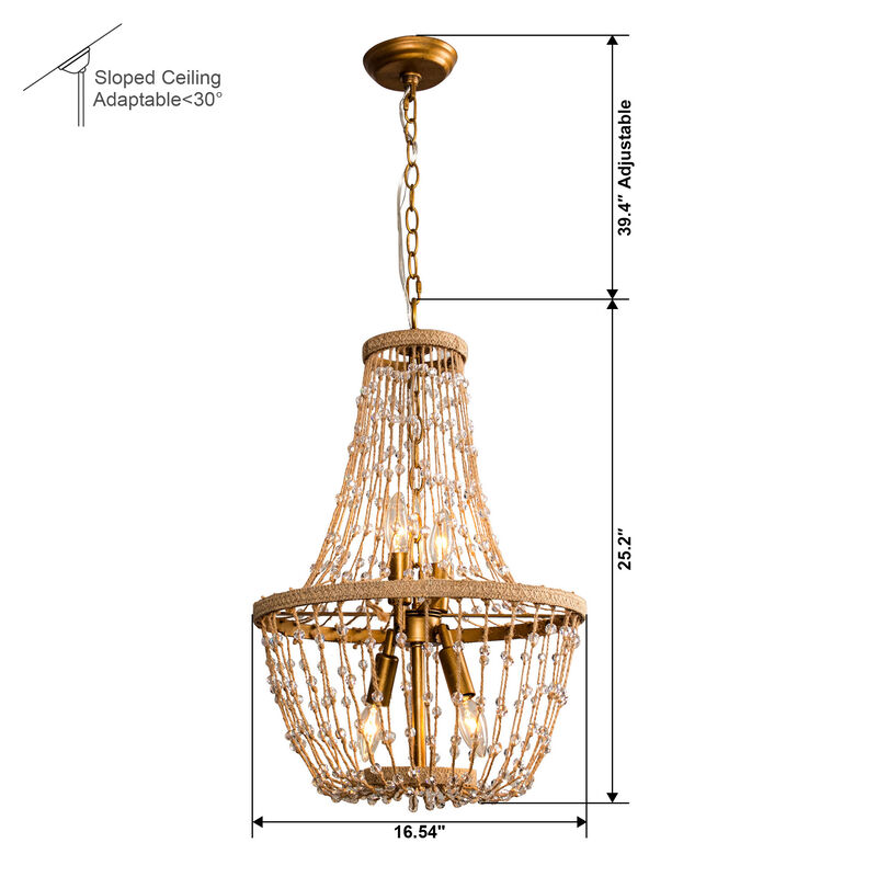 4-Light Farmhouse Handmade Hemp Rope Wood Chandelier