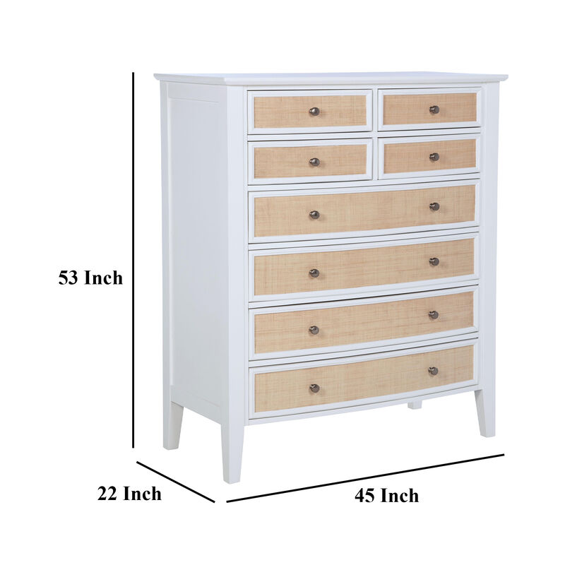 Heo Tall Dresser Chest, 8 Drawers, Rattan Woven Curved Front, White - Benzara