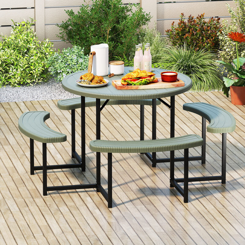 Round Picnic Table Set with 4 Benches and Umbrella Hole &ndash; Outdoor Patio Dining
