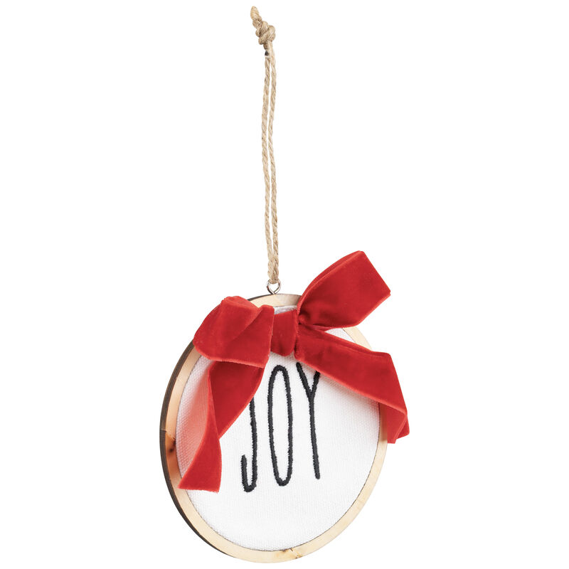 4.5" Embroidered "Joy" Christmas Disc Ornament with Bow image number 2
