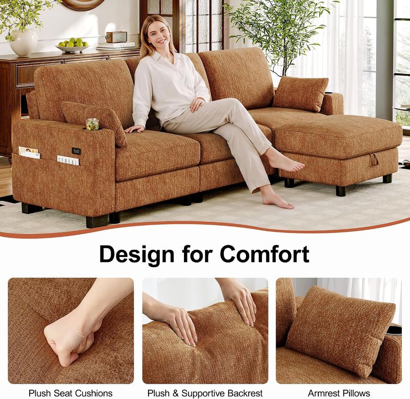 Vipbear 100 Inch Modular Sectional Sofa, Soft Chenille L Shaped Couch with Moveable Storage Ottoman image number 3