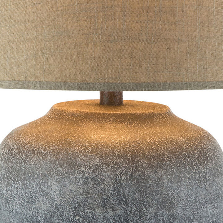 Buen 28 Inch Hydrocal Table Lamp, Drum Shade, Urn Base, Gray Rust Frost - Benzara