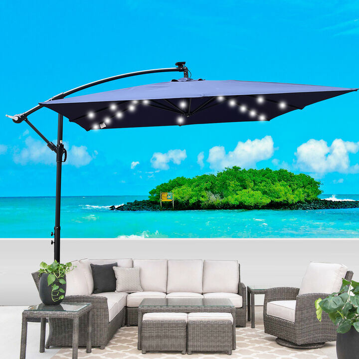 Square 2.5.5M Outdoor Patio Umbrella Solar Powered LED Lighted Sun Shade Market Waterproof 8 Ribs Umbrella with Crank and Cross Base for Garden Deck Backyard Pool Shade Outside Deck Swimming Pool