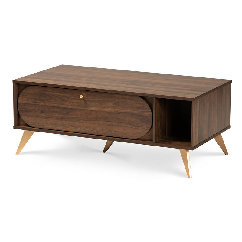 Baxton Studio Edel Mid Century Modern Walnut Brown And Gold Finished Wood Coffee Table