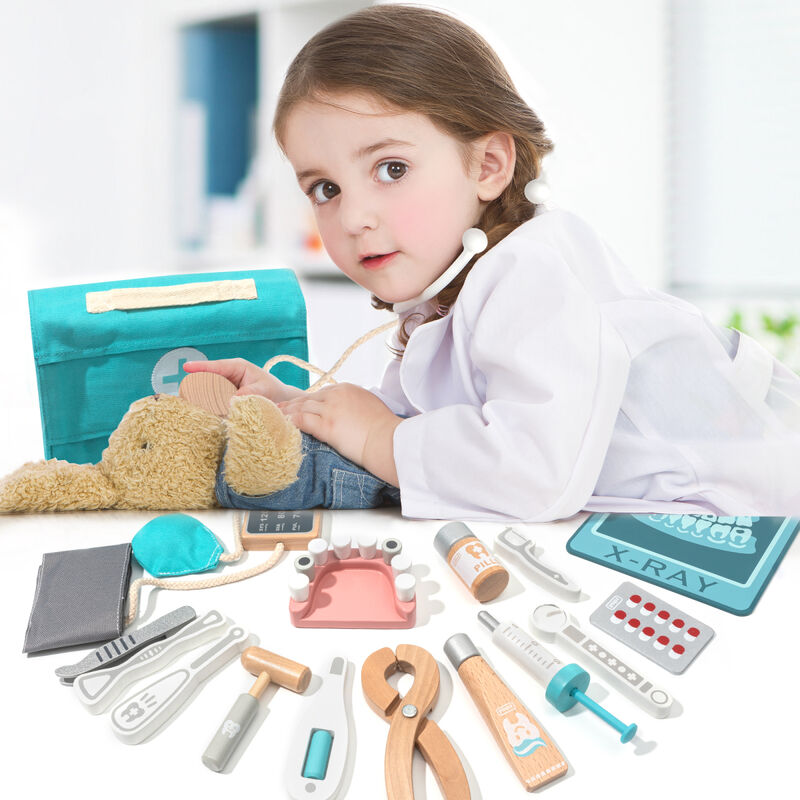 Wooden Doctor Kit for Kids Toddlers, Pretend Play Dentist Medical Playset