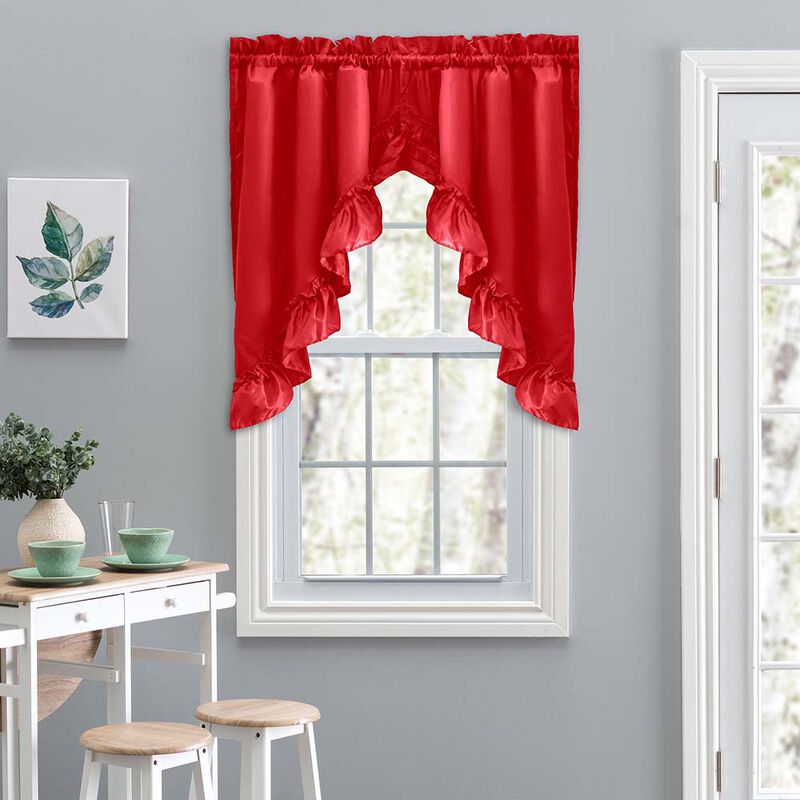 Ellis Stacey 1.5" Rod Pocket High Quality Fabric Solid Color Window Ruffled Swag 60"x38" Red image number 2