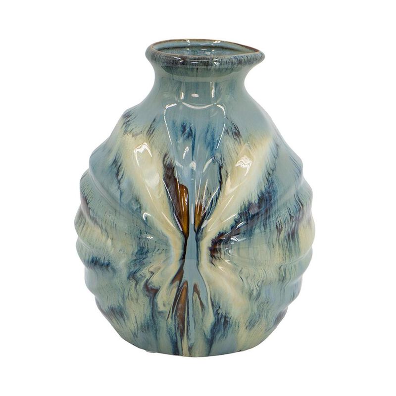 HomeRoots 11" Blue Beige And Brown Abstract Round Ceramic Table Vase image number 3