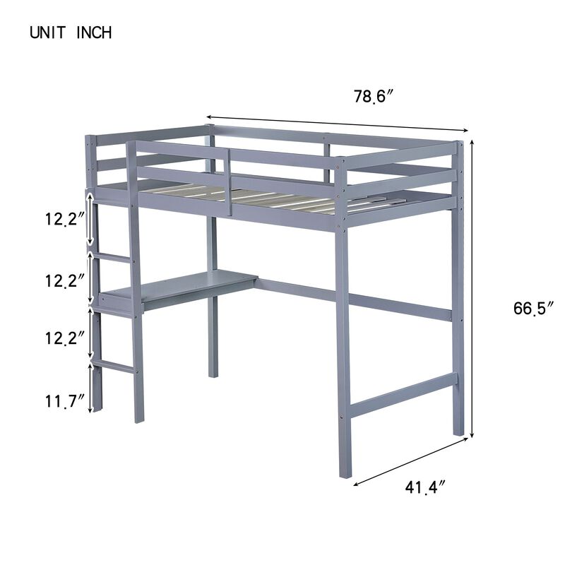 Whisen Twin High Loft Bed, Rubber Wood Loft Bed with Ladder, Safety Guardrail and built-in desk - Gray