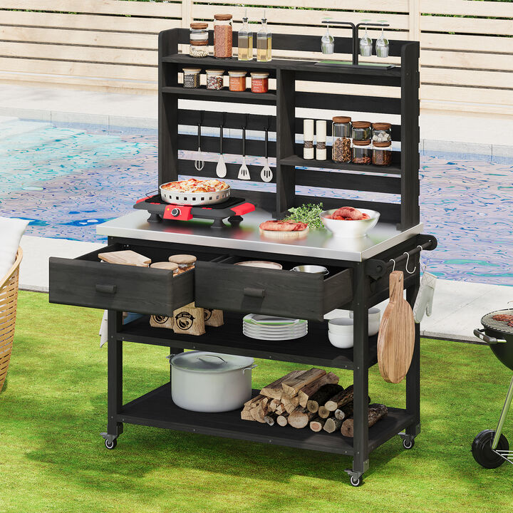 Whisen Outdoor Potting Table with Stainless Steel Top, Upper Hutch, and Lockable Wheels