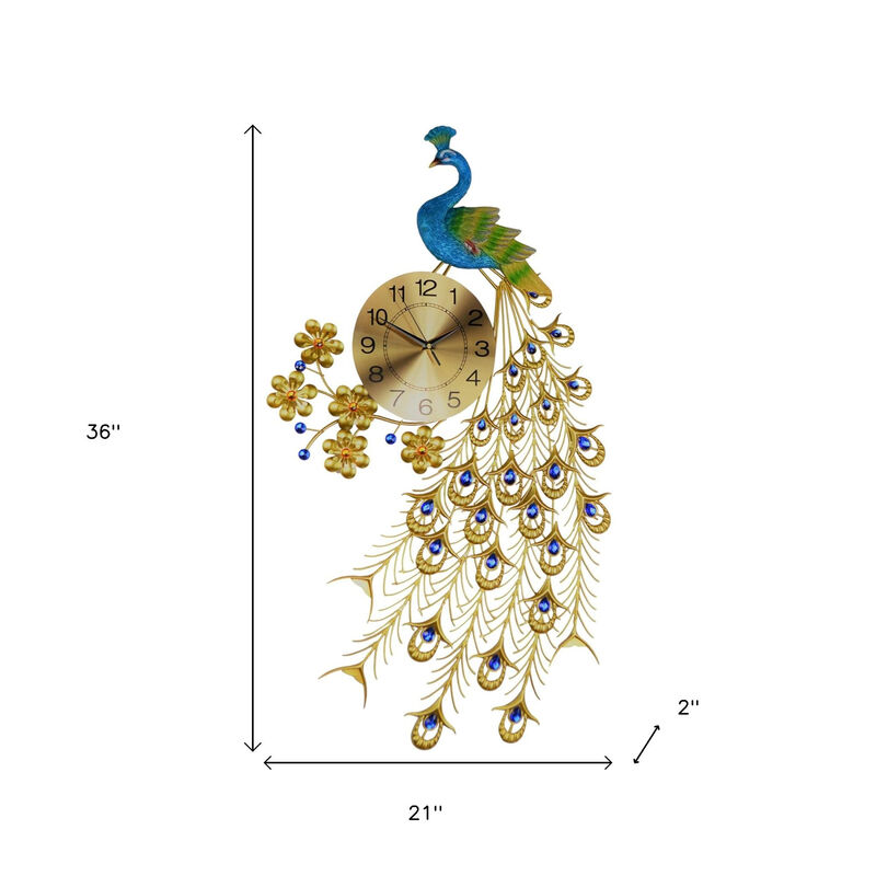 HomeRoots 21" Blue Green And Gold Metal Silent Analog Peacock Novelty Wall Clock image number 3