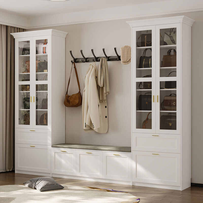 FUFU&GAGA Grand Wardrobe with Glass Doors, Soft Matte Finish, P2 MDF Construction, Gold Handles & Cushioned Nook (122"W x 97"H x 15.7"D),White