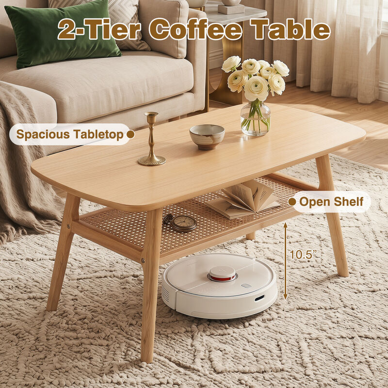 2-Tier Coffee Table with Rattan Shelf and Rounded Edge Design image number 3