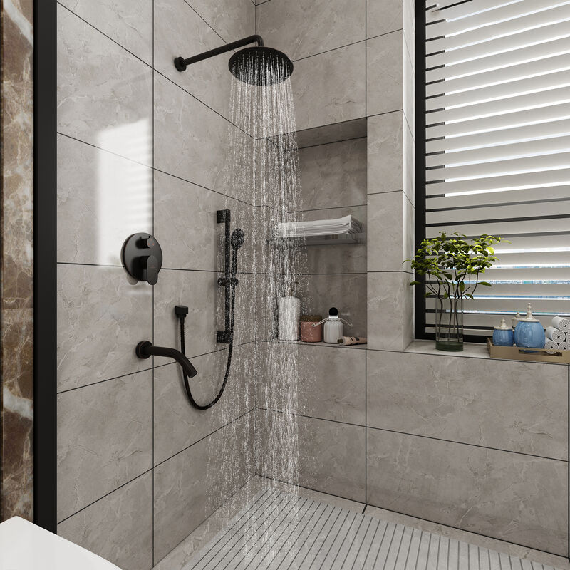 Mondawe 9 Inch 3-functions Wall Mounted Rainfall Shower Body Round Top Spray System with Handheld