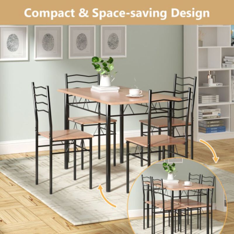 5 pcs Wood Metal Dining Table Set with 4 Chairs