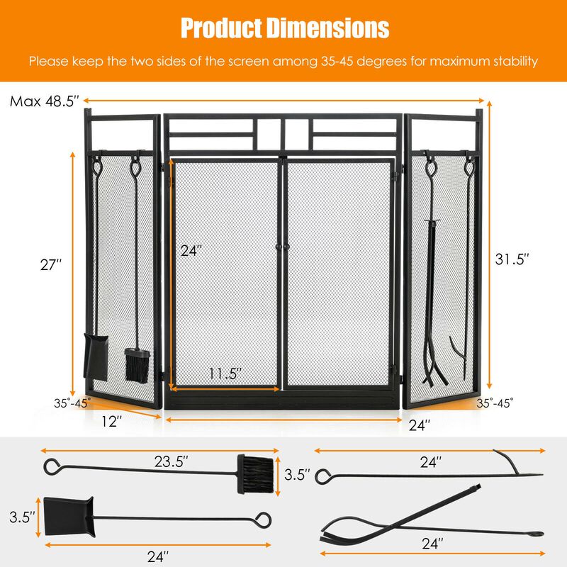 3-Panel Folding Wrought Iron Fireplace Screen with Doors and 4 Pieces Tools Set-Black image number 6