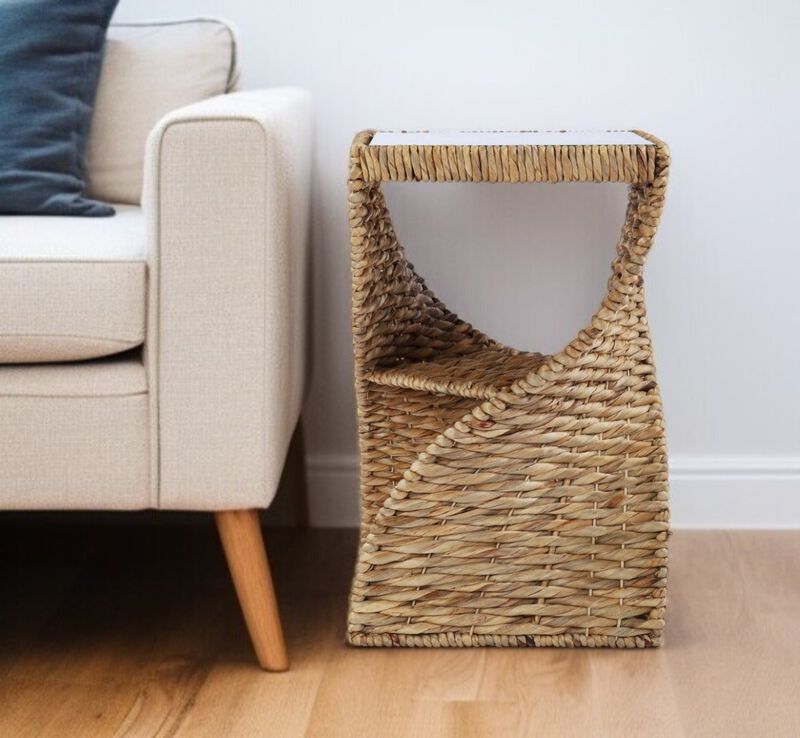 Hivvago 23 Inch  Brown And Natural Rattan Swirl Glass Top Square End Table