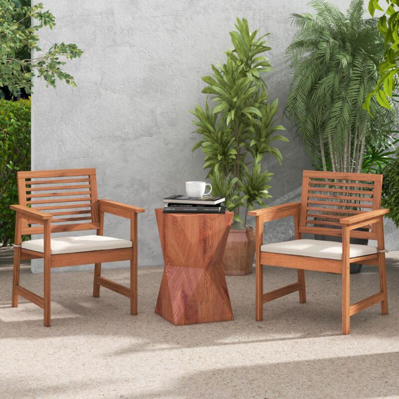 Hivvago Set of 2 Patio Solid Wood Dining Chairs with Cushions and Slatted Seat