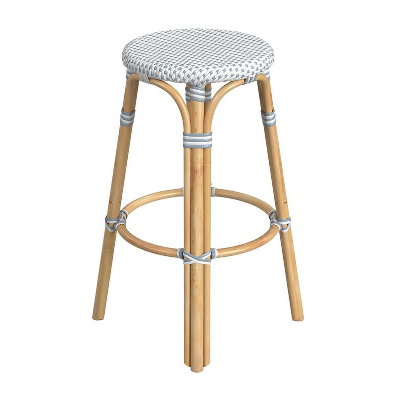 Butler Specialty Tobias Round Rattan 30 Bar Stool, White and Sky Blue Dot