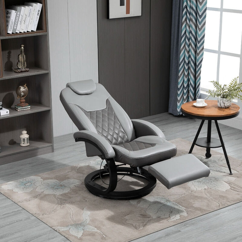 PU Recliner Reading Armchair with Footrest, Headrest, Round Wood Base for Living Room, Bedroom, Office - Grey image number 2
