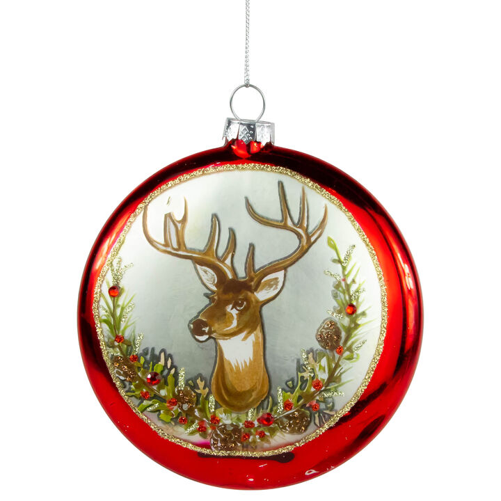 4" Glittered Reindeer Glass Christmas Disc Ornament