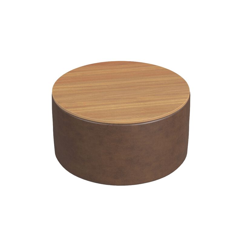 Mesy Storage Ottoman, 30 Inch Round Lift Tray Top, Brown Faux Leather - Benzara