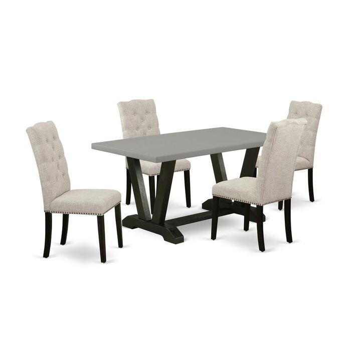 East West Furniture 5-Piece Kitchen Dining Table Set Included 4 Modern Dining chairs Upholstered Seat and High Button Tufted Chair Back and Rectangular Dining room Table with Cement Color Mid Century