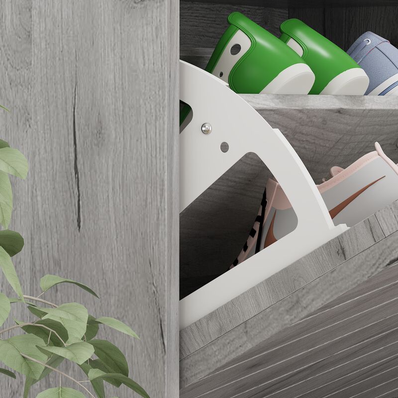 Gray 18-Pair Shoe Storage Cabinet with 3-Drawers and 6-Compartments and Wood Grain