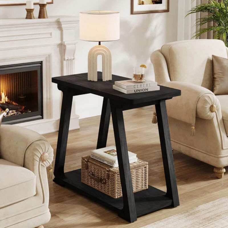 Narrow Solid Fir Wood End Table, 2-Tier Side Table Nightstand with Storage image number 3
