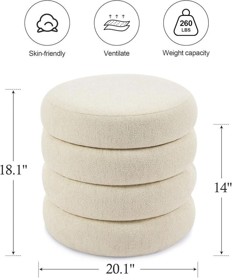 Beige Linen Upholstered Round Storage Ottoman - Removable Lid image number 2