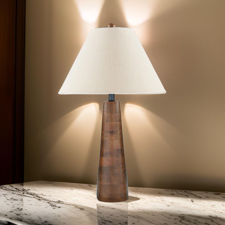 30 Inch Table Lamp, White Empire Fabric Shade, Tapered Brown Wood Frame - Benzara