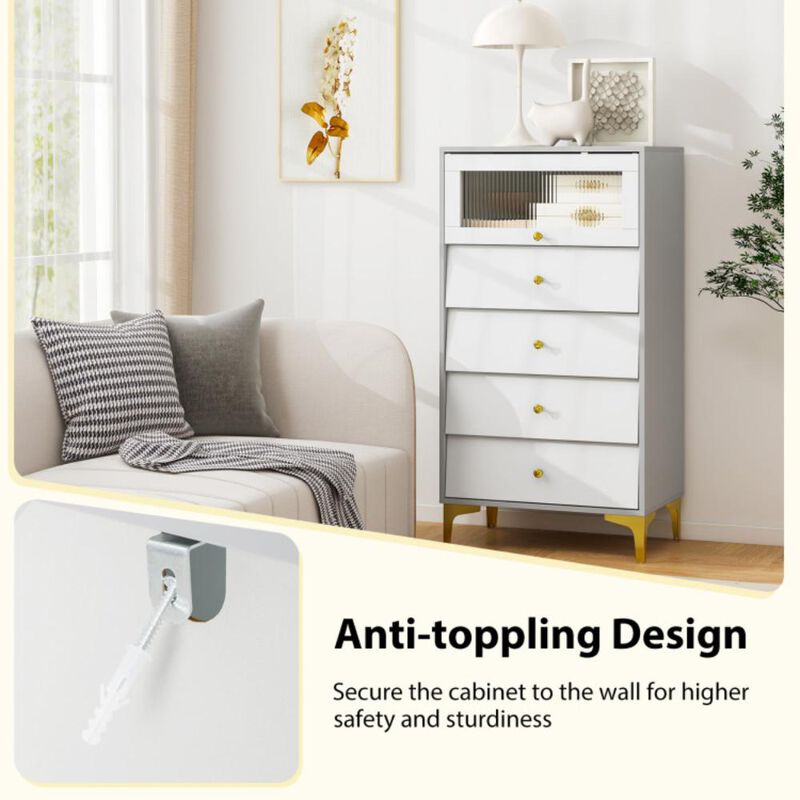 Hivvago 4 Drawer Modern Storage Cabinet with Flip Up Fluted Glass Door