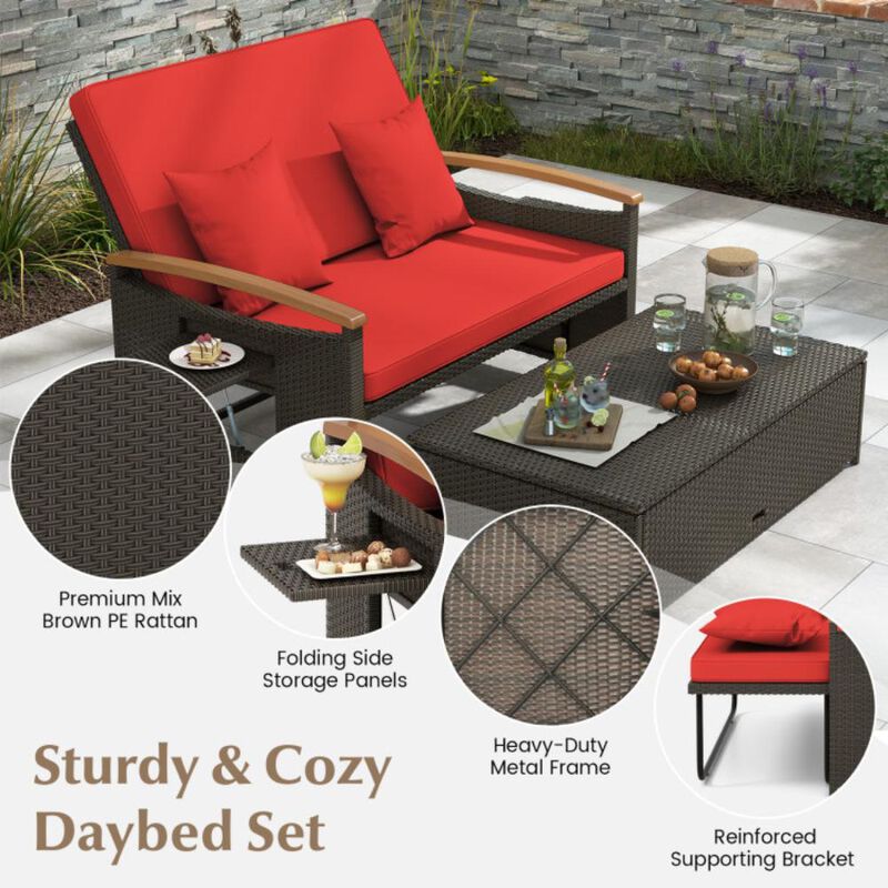 Hivvago Outdoor Wicker Daybed with Folding Panels and Storage Ottoman