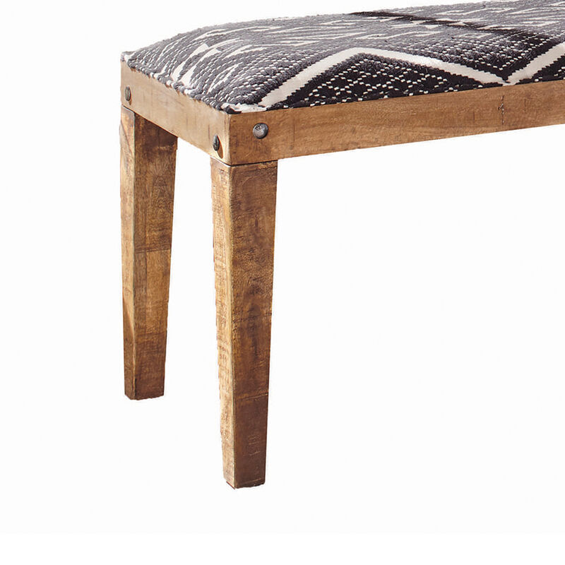 Fabric Upholstered Wooden Bench with Tapered Legs, Brown and Blue-Benzara