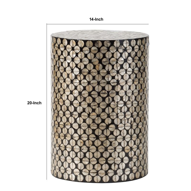 20 Inch Stool Table, Round Wood Design, Modern, Capiz Inlay, Black, White