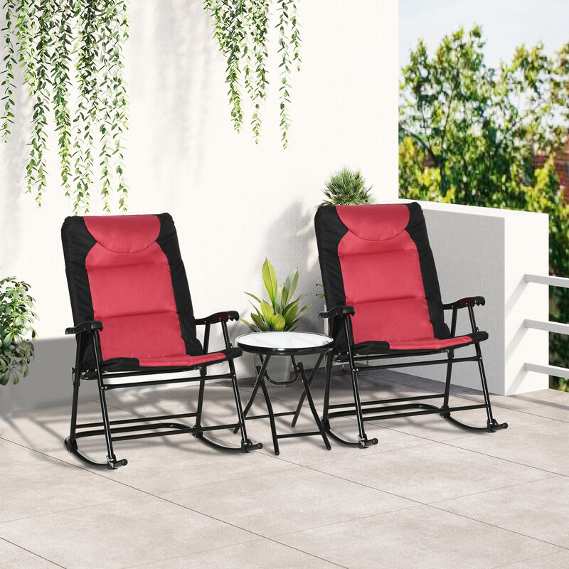 Outsunny 3 Piece Outdoor Patio Furniture Set with Glass Coffee Table & 2 Folding Padded Rocking Chairs, Bistro Style for Porch, Camping, Balcony, Red