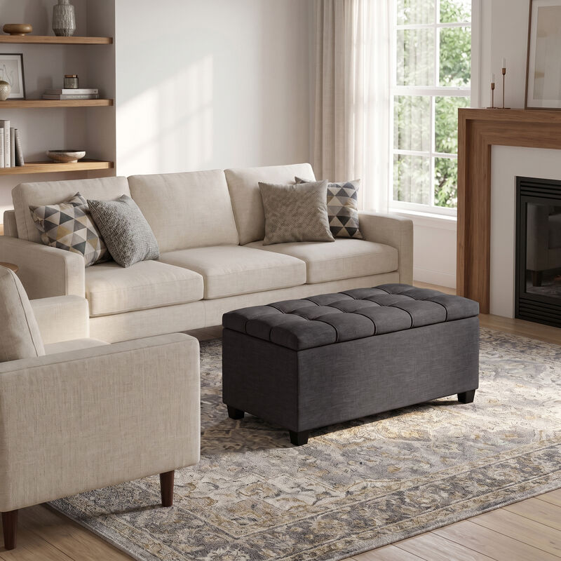 Sienna 33 inch Wide Transitional Rectangle Storage Ottoman Bench in Slate Grey Linen Look Fabric, Assembled image number 1