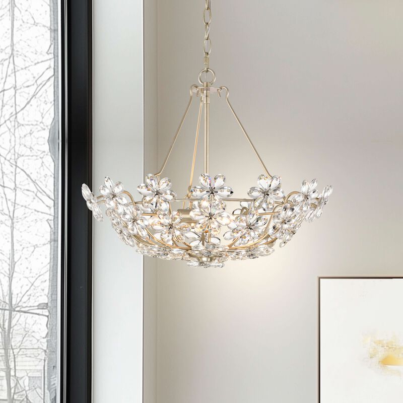Daria Glam Brushed Silver-ish Champagne 3-Light Daisy Crystal Glass Flower Chandelier image number 1