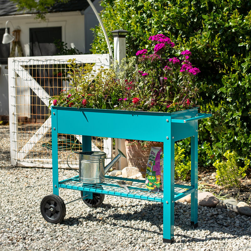Sunnydaze 43 in Galvanized Steel Mobile Raised Garden Bed Cart - Blue