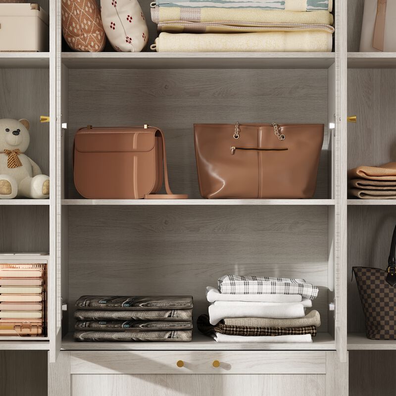 FUFU&GAGA Modern Wood Grain Wardrobe with Adjustable Shelves and Lockable Drawers (63" W x 70.9" H x 15.7" D), Glass Doors and Brass Pull Handles