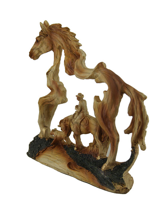 The Wrangler Cowboy In Horse Faux Carved Wood Openwork Statue