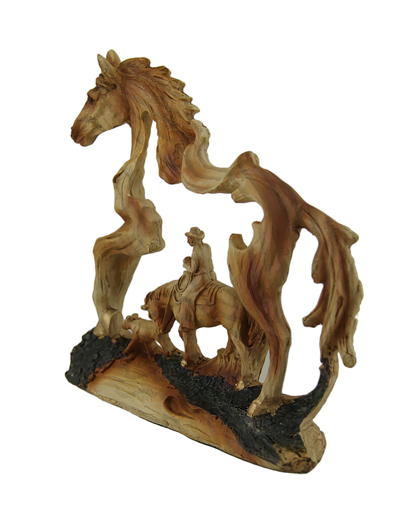 The Wrangler Cowboy In Horse Faux Carved Wood Openwork Statue image number 1