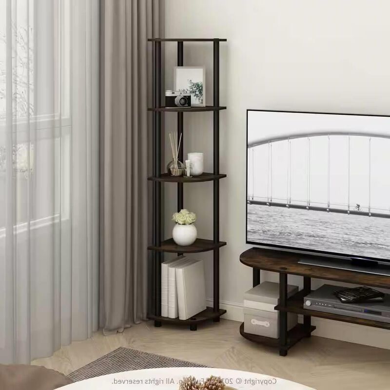 Hivvago 5-Shelf Modern Corner Bookcase in Black Brown Wood Finish