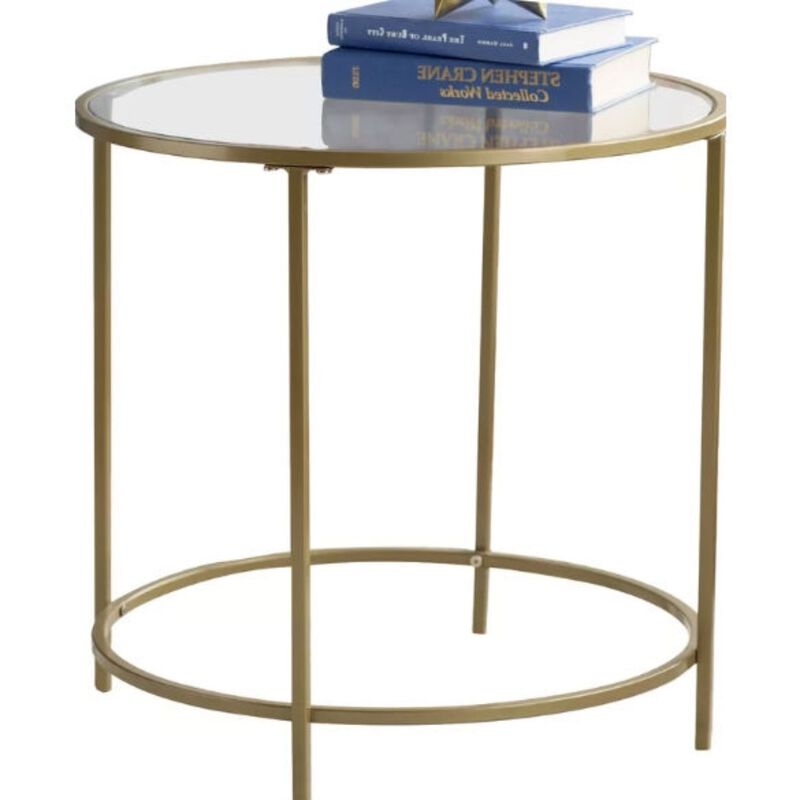 QuikFurn Round Glass Top End Table Nightstand with Gold Metal Frame