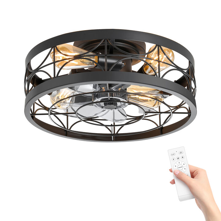 Breezary 16.5" Vintage Cage Ceiling Fan with Light, 7 Blades, 6 Speed, Low Profile Flush Mount, Reversible Airflow